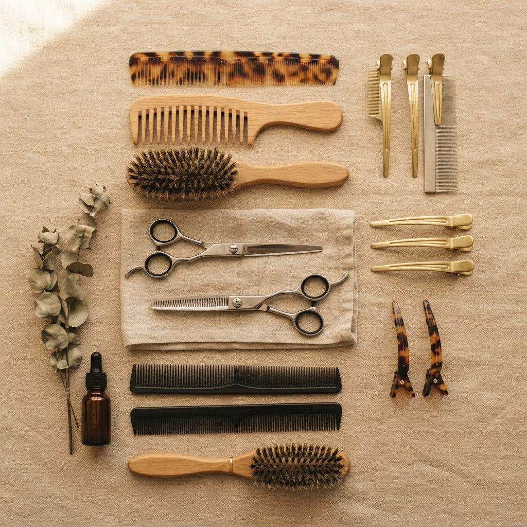Professional hair styling tools including scissors, comb, and brush at Fancy Salon